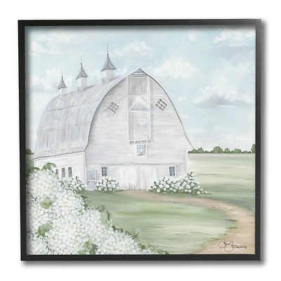 Stupell Industries Soft Country Landscape White Barn and Hydrangeas Black Framed Wall Art