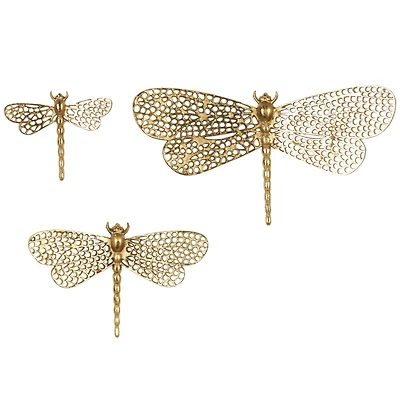 Gold Aluminum Dragonfly Wall Decor with Spotted Cutout Wings, Set of 3