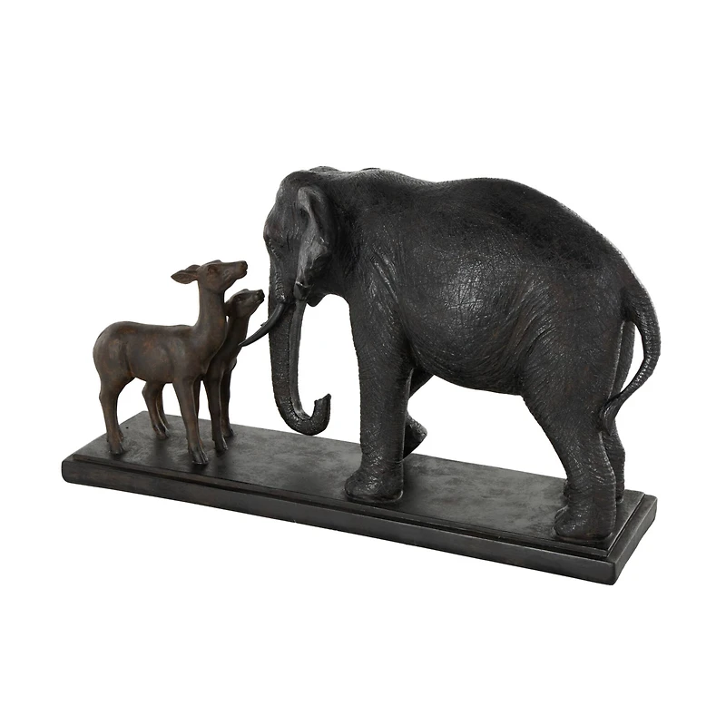 19.75" Black Elephant Walking Sculpture with Dark Brown Deer