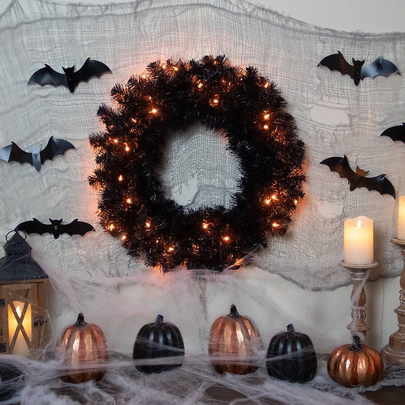 24'' Pre-Lit Black Noble Spruce Artificial Halloween Wreath