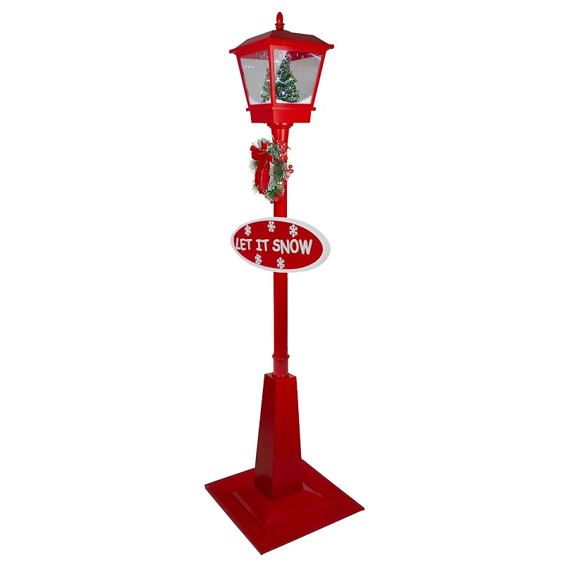 70.75" Musical Red Holiday Street Lamp with Christmas Tree Snowfall Lantern