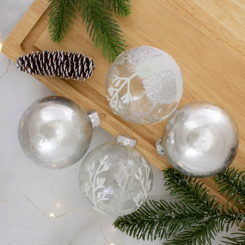 4ct. Silver & Clear 2-Finish Glass Ball Ornaments