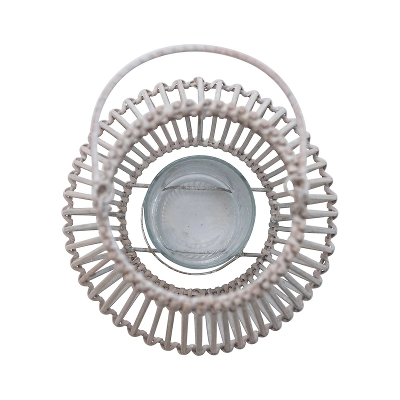 Hello Honey® 11.7" Whitewashed Round Hand-Woven Bamboo Lantern with Handle & Glass Insert