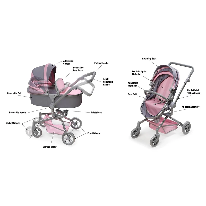 Badger Basket Gray & Pink Daydream Multi-Function Single Doll Pram & Stroller