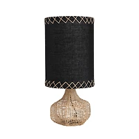 Hello Honey® 21.5" Natural and Black Boho Woven Cane Table Lamp with Linen Shade