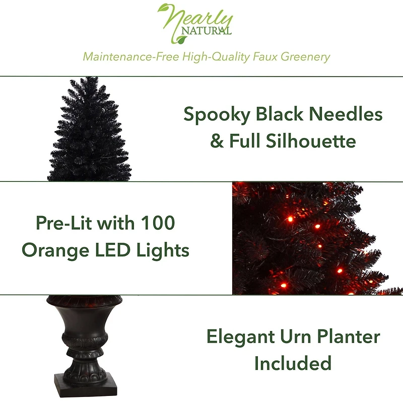 4ft. Black Artificial Halloween Tree in Urn, Orange LED Lights