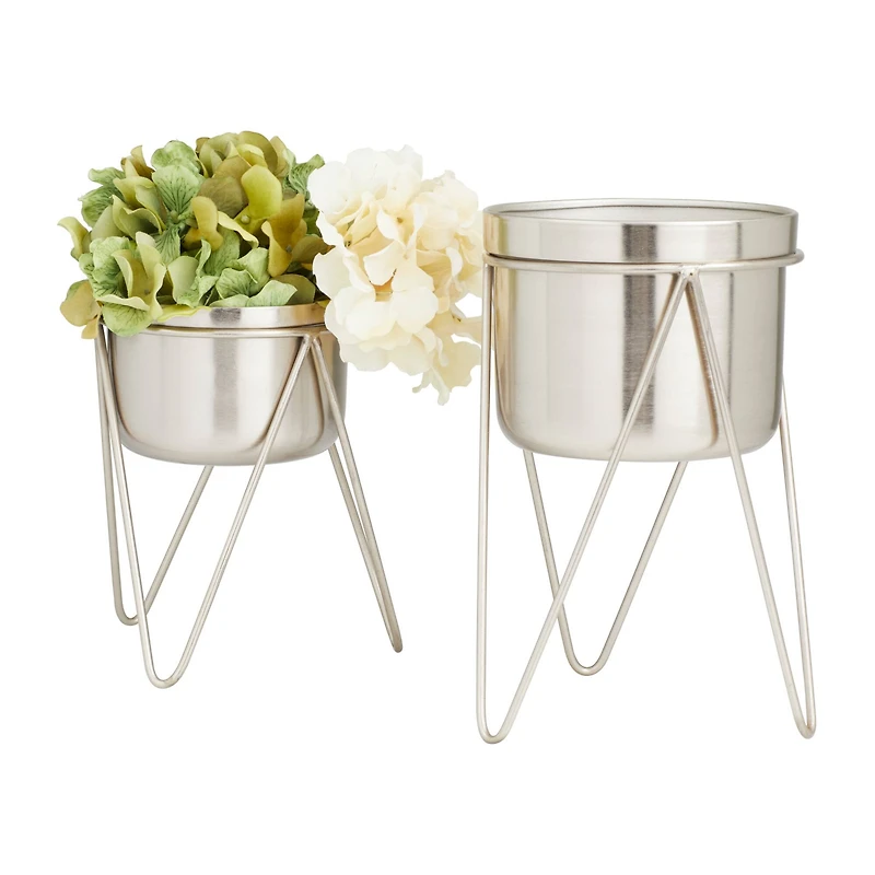 Set of 2 Silver Iron Modern Planter, 10" x 8"