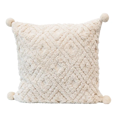 Hello Honey® Cream Cotton Tufted Pillow with Pom Poms