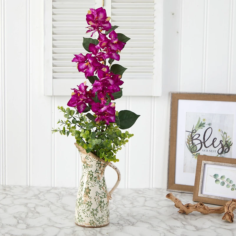 27" Bougainvillea and Eucalyptus Artificial Arrangement in Floral Pitcher