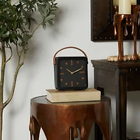 8" Black Metal Small Clock with Leather Handle & Hour Markers