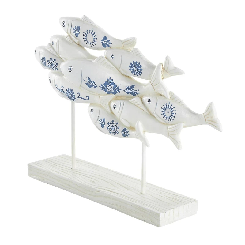 14.75" White & Blue Floral Polystone Fish Sculpture