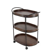 3-Tier Brown Pine & Metal Traditional Bar Cart