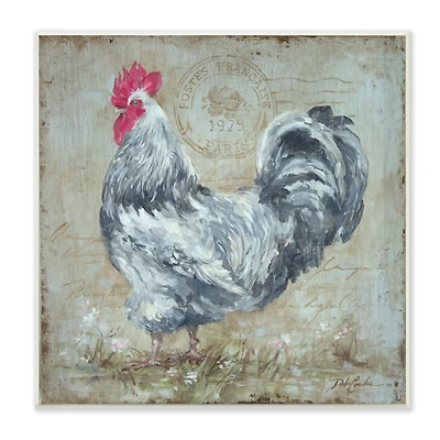Stupell Industries Vintage Farm Rooster French Parisian Stamp Country Bird,12" x 12"