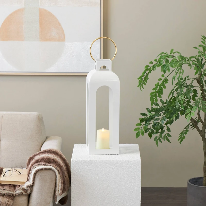 27" White Metal Arched Cutout Candle Lantern