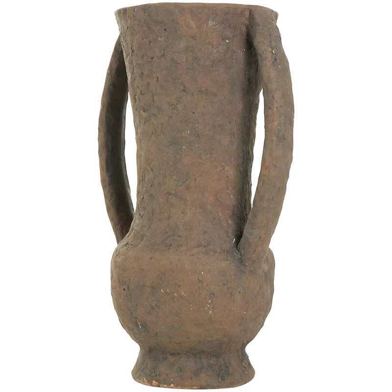 15" Dark Brown Ceramic Handmade Textured Amphora Vase with Two Long Handles