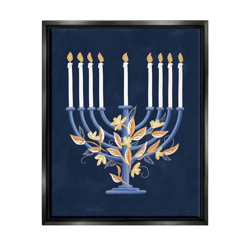 Stupell Industries Traditional Floral Hanukkah Menorah Framed Floater Canvas Wall Art