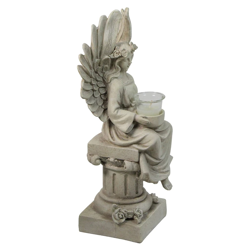 17" Peaceful Angel Sitting on a Pedestal Candle Holder Statue