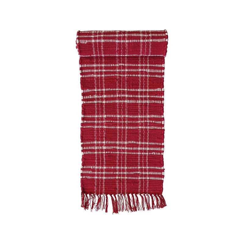 Hello Honey® 72" Red & White Plaid Hand-Woven Cotton Chindi Table Runner with Fringe