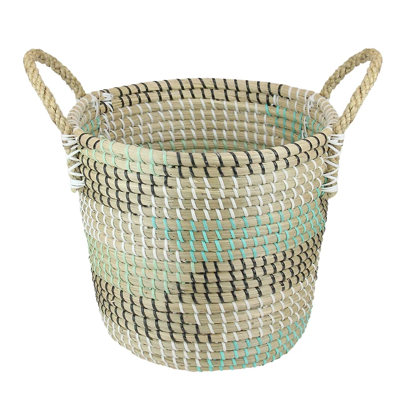 12" Natural Woven Seagrass Basket with Teal, Black & White Accents