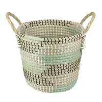 12" Natural Woven Seagrass Basket with Teal, Black & White Accents