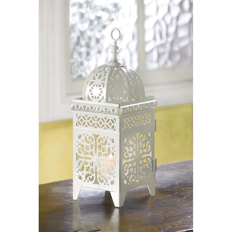 10.75" White Scrollwork Candle Lantern