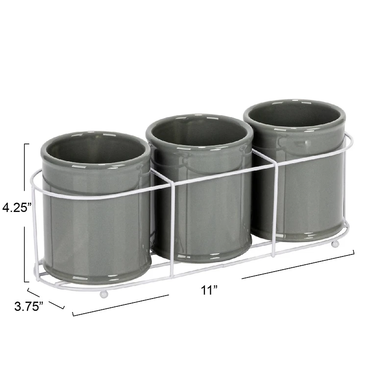 Hello Honey® 11.5" Gray Farmhouse Ceramic Crocks in White Metal Holder