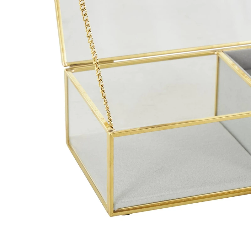7" x 4" x 3" Clear & Gold Glass & Metal Jewelry Box with Chain Accent & Fabric Ring Slots