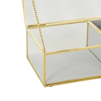 7" x 4" x 3" Clear & Gold Glass & Metal Jewelry Box with Chain Accent & Fabric Ring Slots