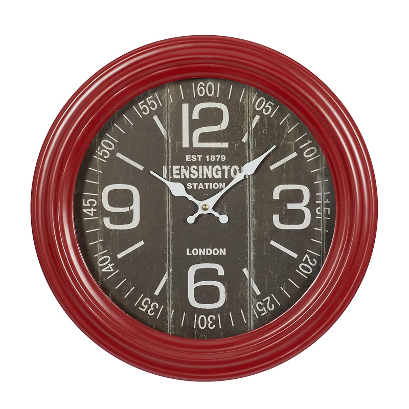 Farmhouse Round Red Metal and Wood Kensington Station Wall Clock, 14" x 14" x 2.60"