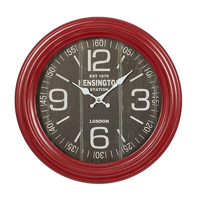 Farmhouse Round Red Metal and Wood Kensington Station Wall Clock, 14" x 14" x 2.60"