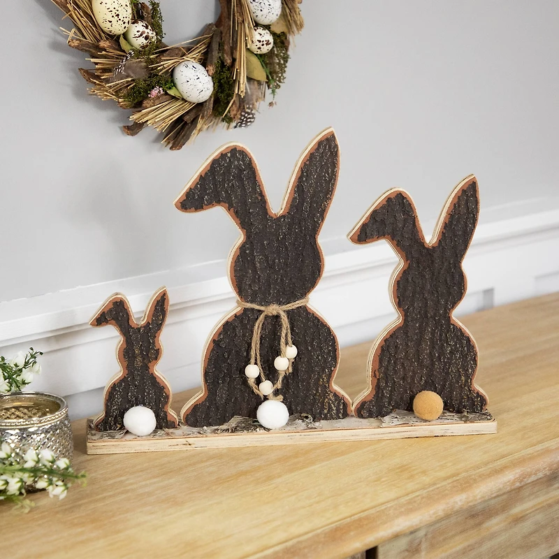 15.75" Rabbit Trio Wooden Tree Bark Easter Decoration