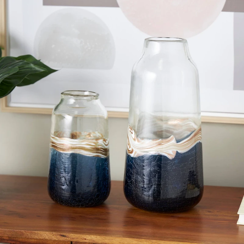 Dark Blue Glass Abstract Textured Swirl Decorative Vase Set with Gold & Cream Accents