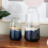 Dark Blue Glass Abstract Textured Swirl Decorative Vase Set with Gold & Cream Accents