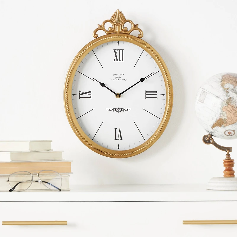 Gold Scrolled Finial Oval Metal Wall Clock