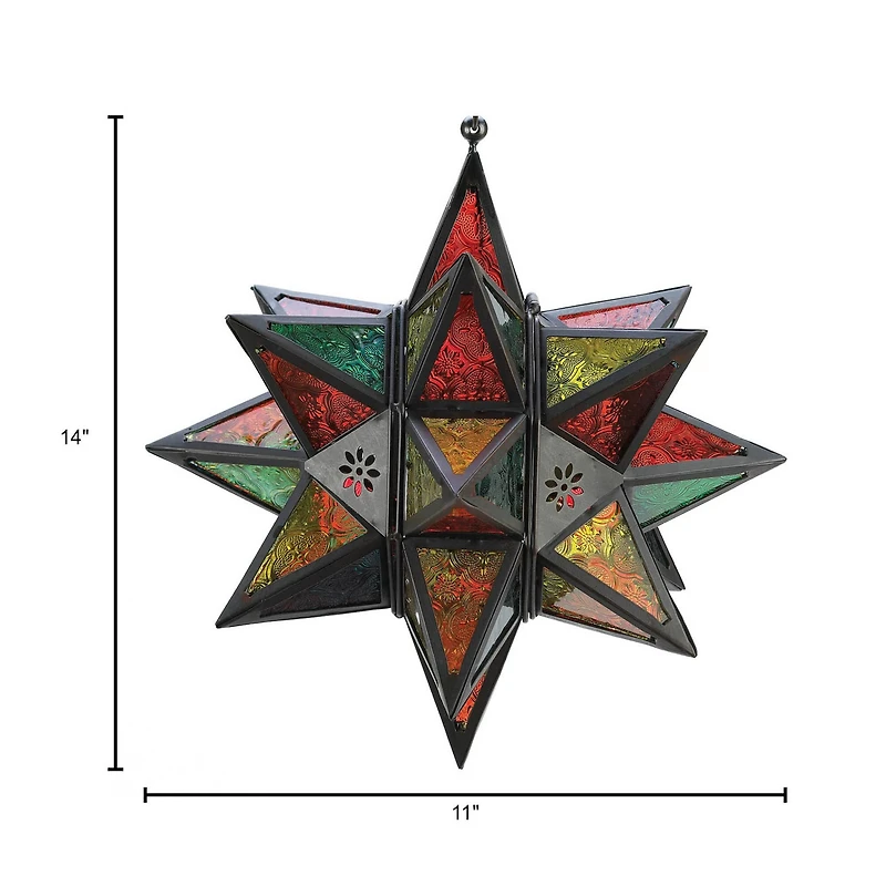 14" Jewel Toned Moroccan Style Hanging Star Candle Lantern