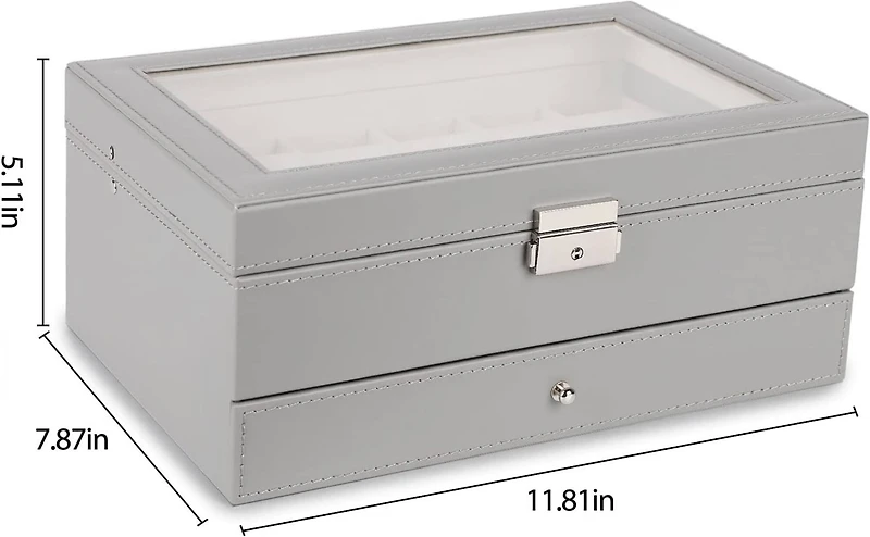 NEX™ Gray Double Layer Leather Watch Box with Glass Top