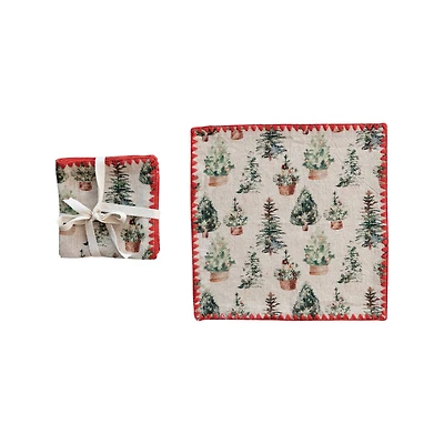 Hello Honey® 10" Multicolor Cotton Printed Cocktail Napkins with Trees Pattern & Red Stitched Edge, 4ct.