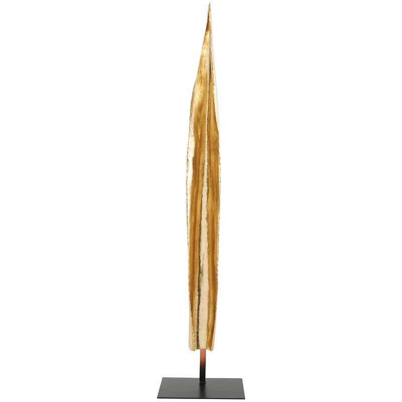 39" Gold Polystone Slim Leaf Abstract Sculpture with Black Metal Stand