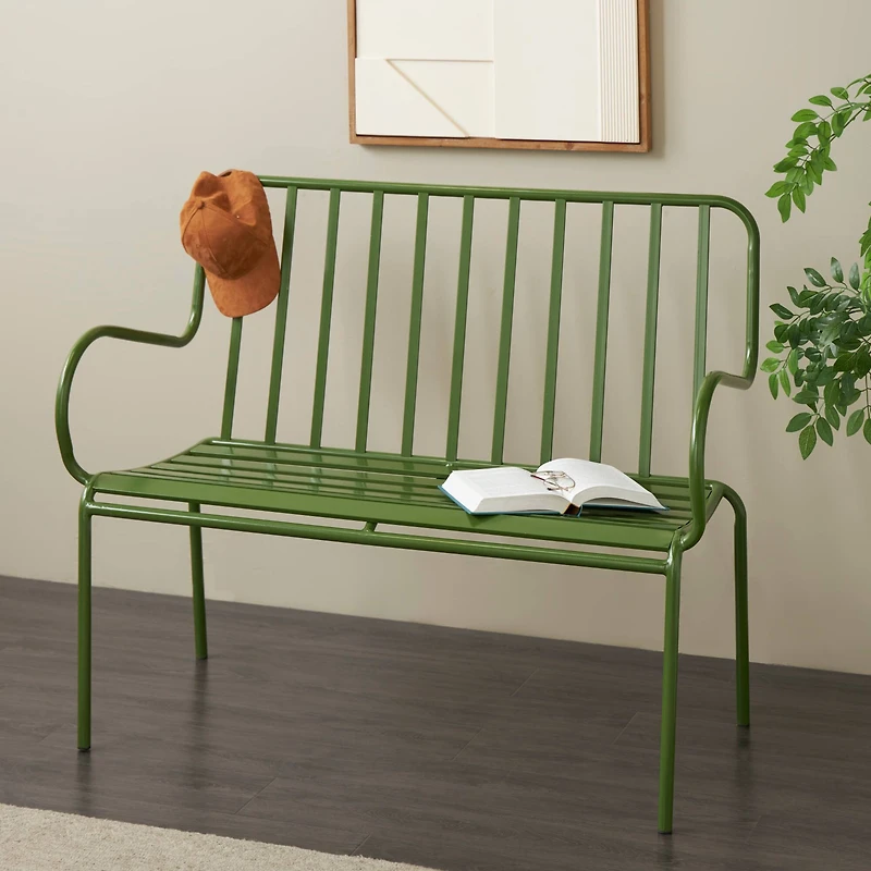 44.25" Green Metal Slatted Outdoor Bench with Curved Armrests