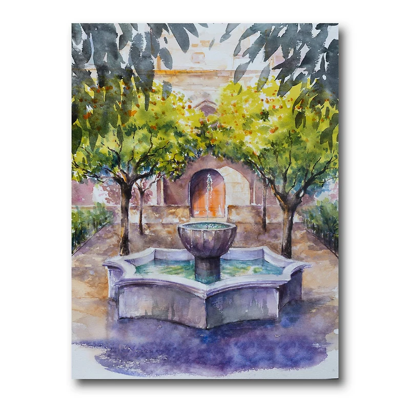 Designart - Small Fountain Picture With Trees In The Village