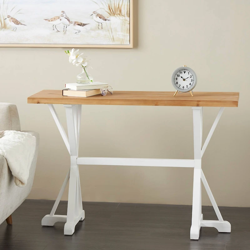47" White Wood Living Room Console Table with Angled Legs & Brown Tabletop