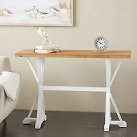 47" White Wood Living Room Console Table with Angled Legs & Brown Tabletop