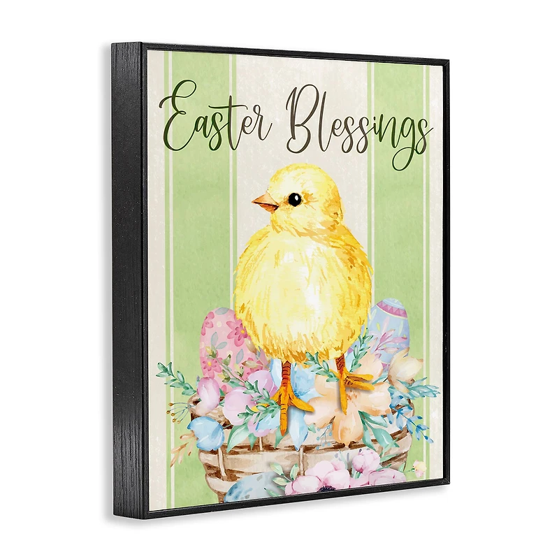 Stupell Industries Easter Blessings Text Striped Yellow Chick Egg Basket Framed Giclee Art