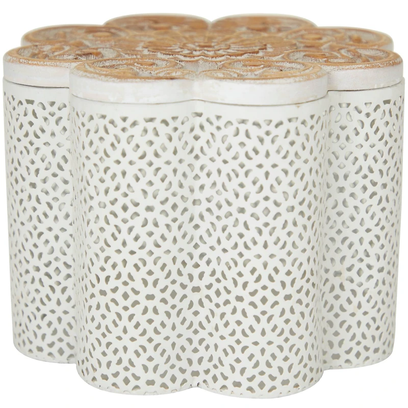 White Metal Quatrefoil Decorative Jars with Wood Carved Lids Set