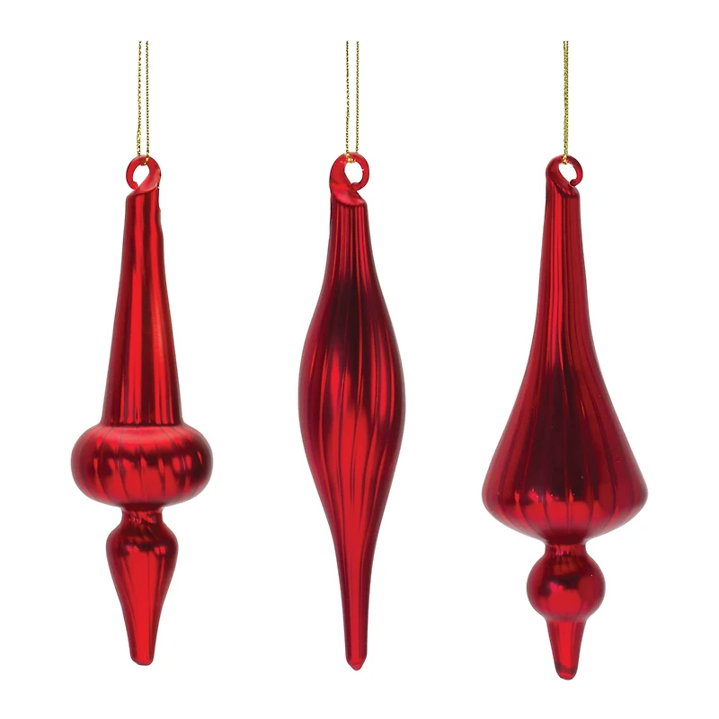 6" Red Ribbed Glass Finial Ornament Set