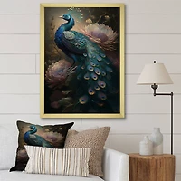 Designart 'Peacock With Flowers' Animals Framed Canvas Wall Art