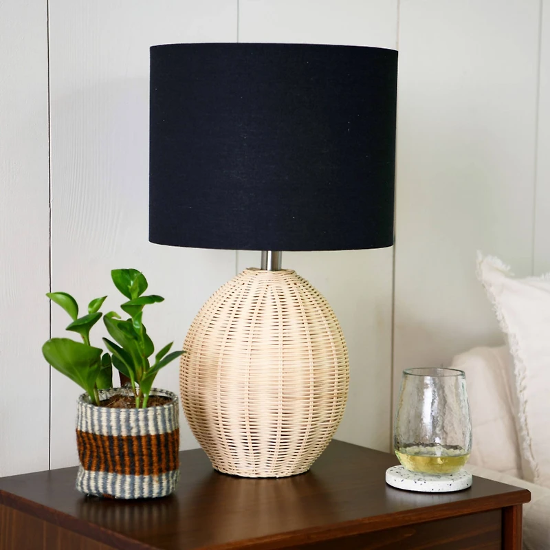 Hello Honey® 20" Natural Boho Woven Rattan Table Lamp with Black Linen Shade