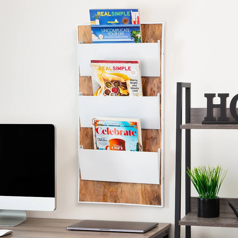 Mind Reader 3-Tier Wall-Mounted File Organizer, Wood and Metal Vertical Rack for Mail, Magazines, and Documents, Metal, Wood, White