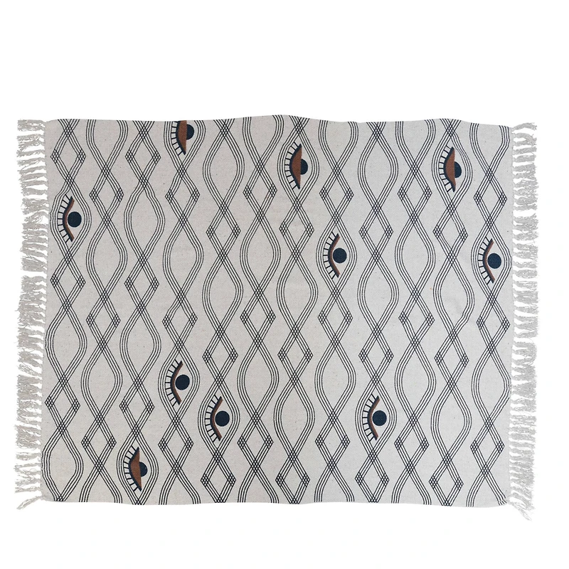 Hello Honey® Recycled Cotton Blend Printed Throw Blanket with Eye Pattern and Fringe, Cream and Brown