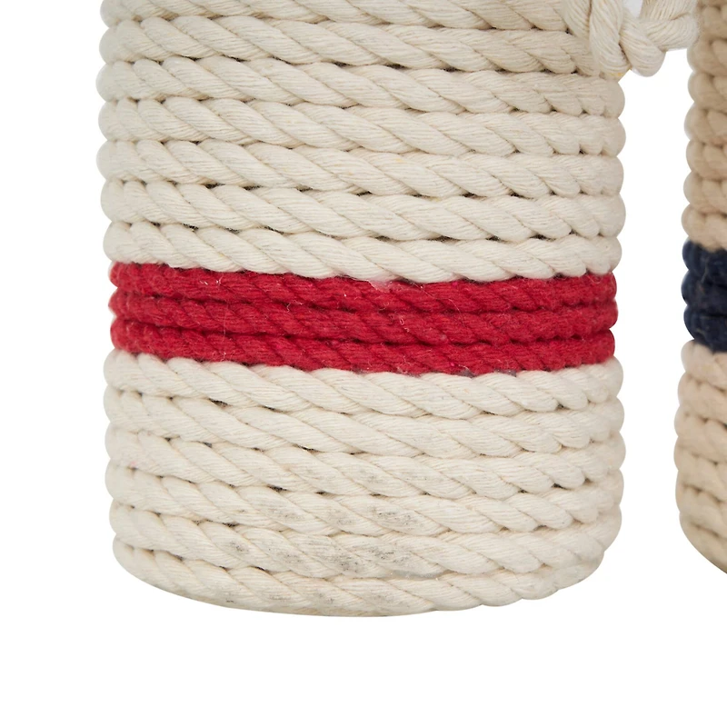 9.5" White Buoy Handmade Coiled Striped Rope Sculpture